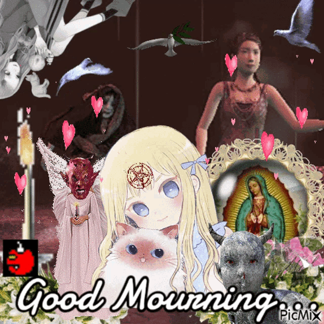 a picture of a girl with a cat and the words good mourning on the bottom