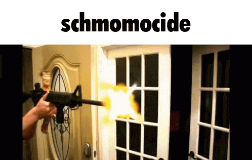 a person is holding a gun in front of a door and the word schmomocide is on the bottom