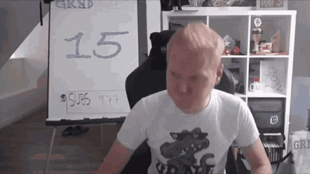 a man sitting in front of a white board that says 15 subs