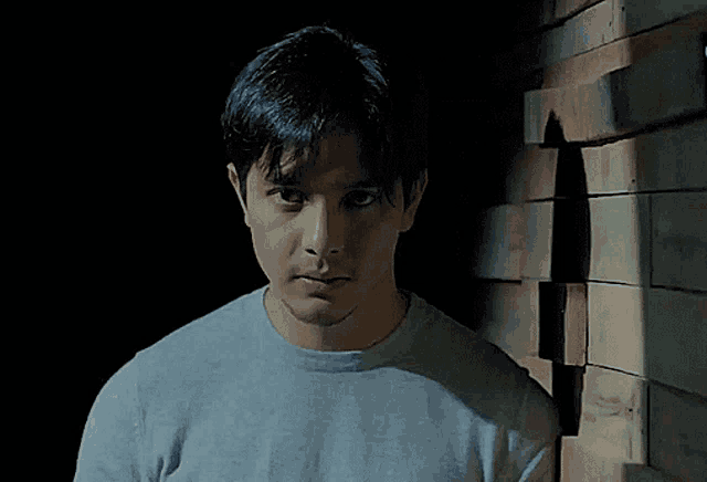 a man in a grey shirt is standing in front of a wall