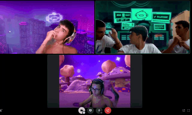 a group of people are having a video call and one of them is wearing headphones and talking on the phone