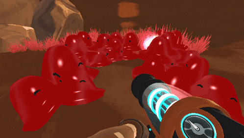 a person is holding a gun in front of a bunch of red slimes in a video game
