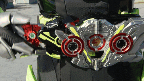 a person wearing a helmet and a belt with three red circles on the back