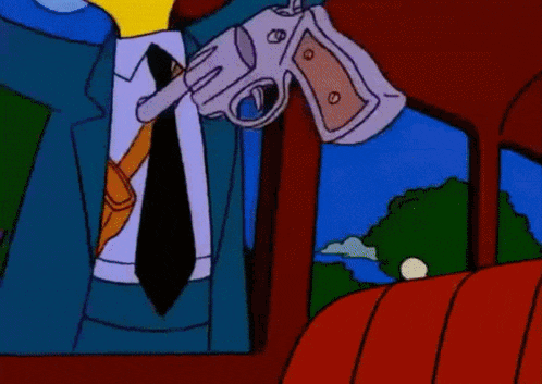 a cartoon character holding a gun and a lollipop in his hand