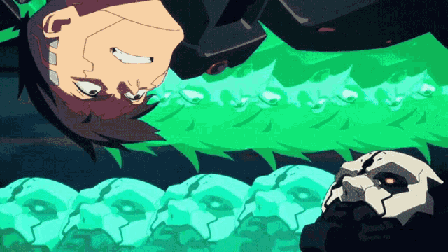 a cartoon of a man laying on his back with a skull in the foreground