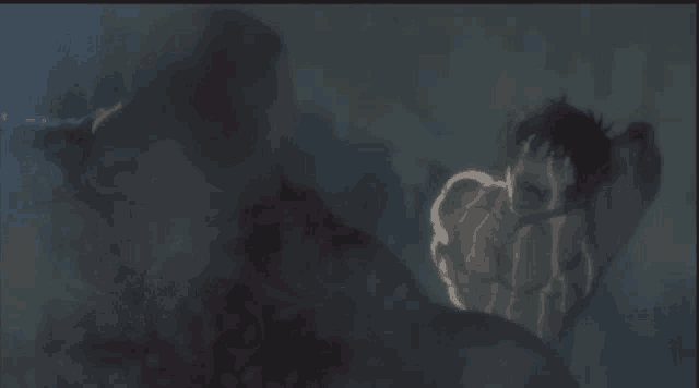 a painting of two men standing next to each other in the dark