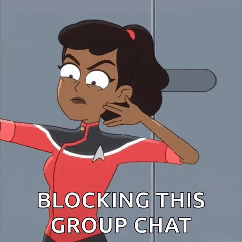 a cartoon of a woman with the words blocking this group chat