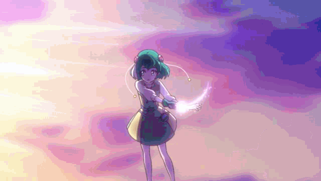 a girl with green hair is holding a purple object