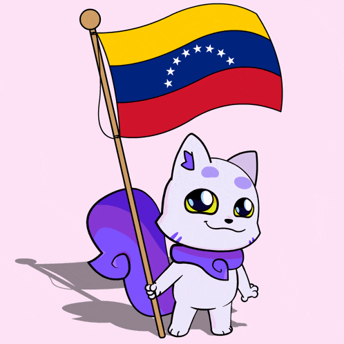 a cartoon drawing of a cat holding a flag