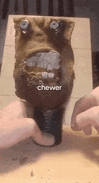 a person is holding a sculpture of a face with a mouth open and the word chewer above it .