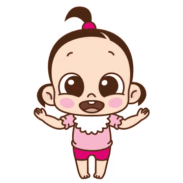 a cartoon baby girl in a pink shirt and shorts is standing with her arms outstretched
