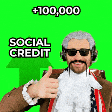 a man giving a thumbs up in front of a green background that says 100,000 social credit