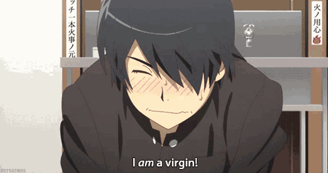 a cartoon character says i am a virgin in front of some books