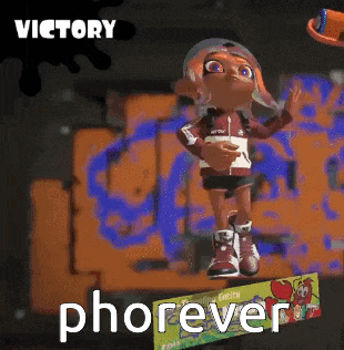a cartoon character is standing on a sign that says victory phoreven