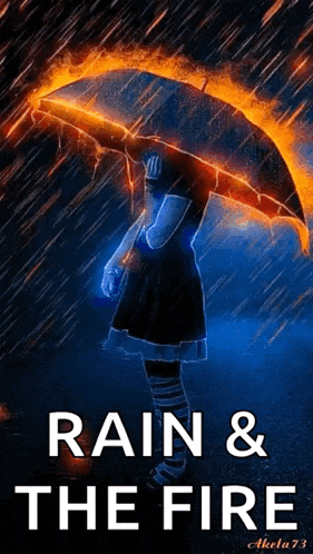 a woman holding a fire umbrella in the rain with the words rain & the fire below her