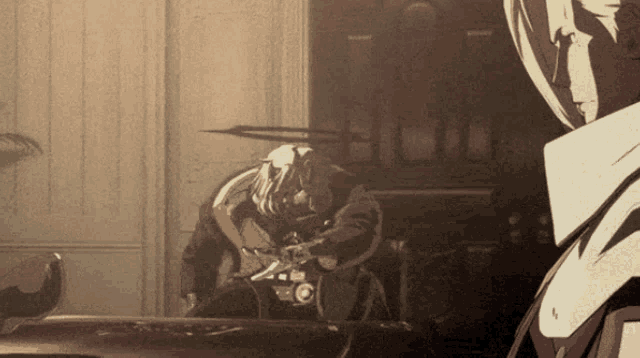 a man in a suit is standing in a dark room with a sword in his hand