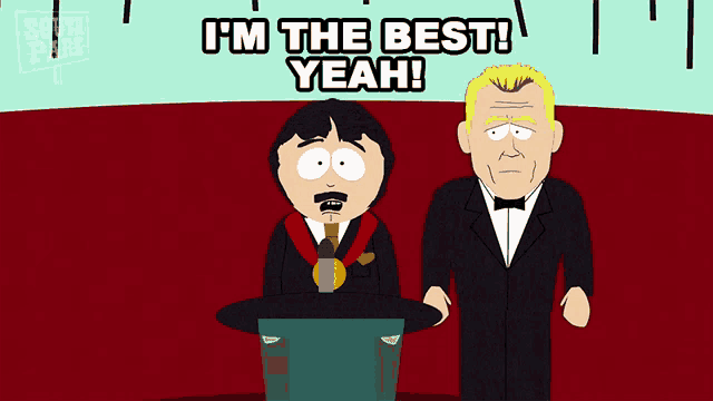 a cartoon says i 'm the best yeah while a man in a tuxedo stands behind him