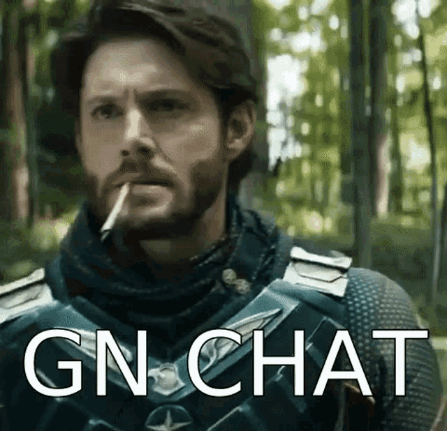 a man with a beard is smoking a cigarette in the woods and the words gn chat are above him .
