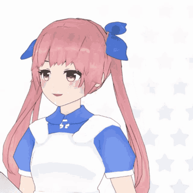 a girl with pink hair is wearing a blue and white shirt and apron and has a question mark in front of her
