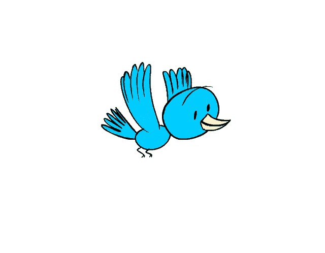 a cartoon blue bird with a yellow beak is flying in the air