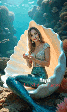 a woman in a mermaid costume is sitting in a sea shell