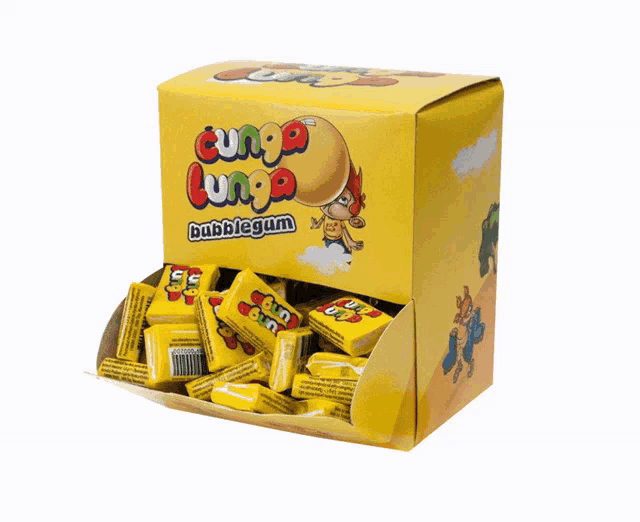 a box of gunga gunga bubblegum with a yellow background
