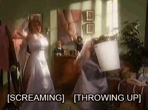 a woman in a wedding dress is screaming and throwing up in a room