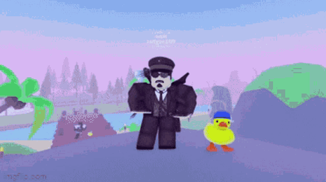 a cartoon character is standing next to a yellow duck in a video game