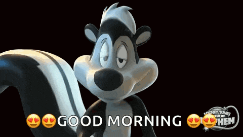 a cartoon skunk is saying good morning with hearts and smiley faces .