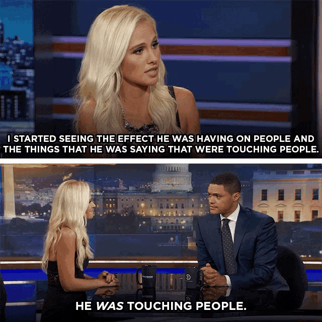 a man and a woman are sitting at a table and the woman is saying he was touching people