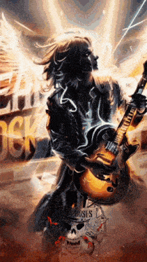 a painting of a man holding a guitar with guns n roses written on the bottom