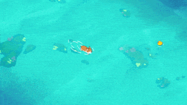 a cartoon dog is swimming in a pool with a pink float