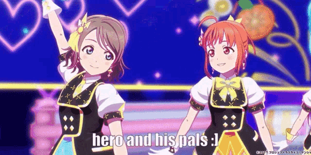 two anime girls are dancing on a stage with the words hero and his pals written on the bottom