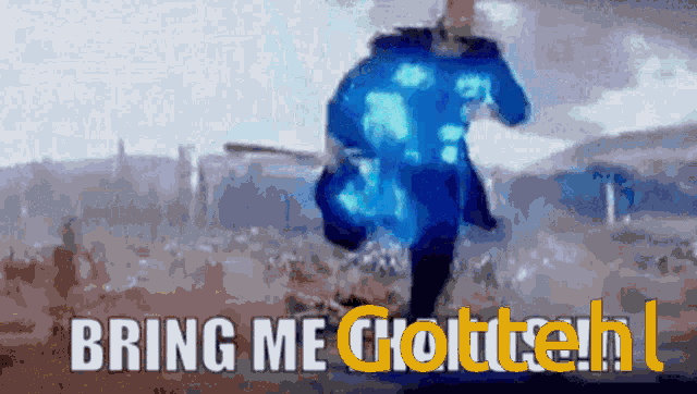 a man in a blue jacket is running with the words bring me grotteh written below him