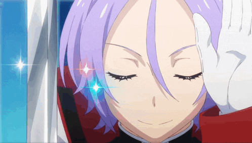 a close up of a person with purple hair and blue eyes