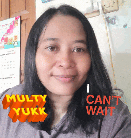 a woman is smiling with the words multy yukk above her