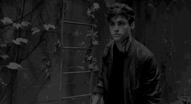 a young man in a black leather jacket is standing in front of a ladder .