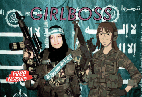 two female soldiers holding guns in front of a flag that says girl boss