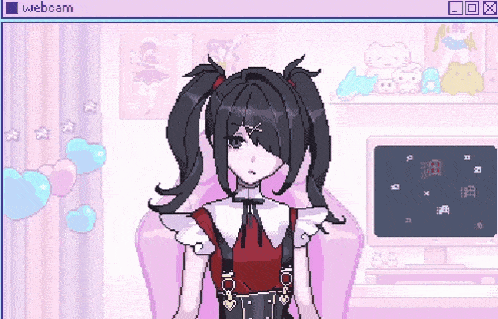 a pixel art of a girl in a room with the word webcam on the bottom