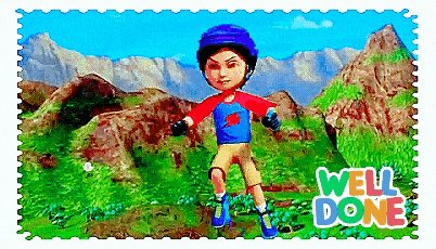 a postage stamp that says well done with a boy on roller skates