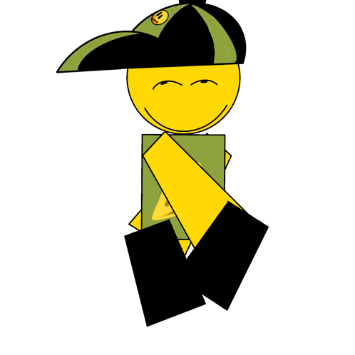 a yellow smiley face wearing a hat and a green shirt