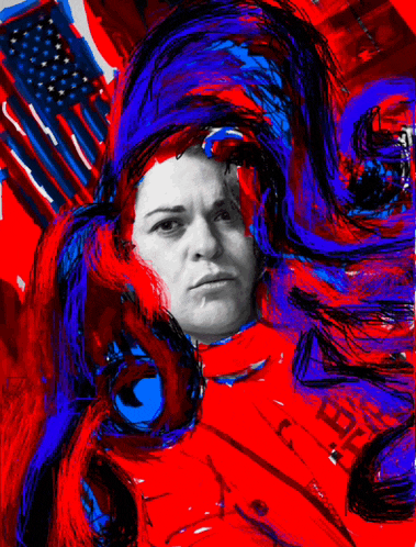 a painting of a woman with a red and blue background and the letter h on the bottom right