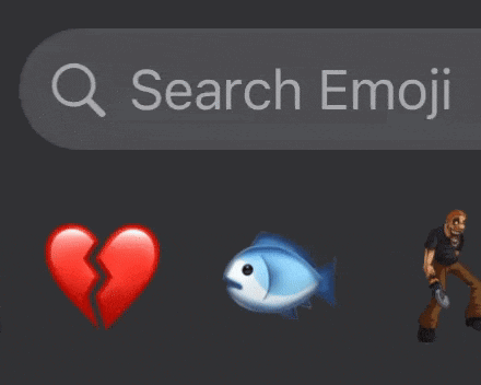 a broken heart a fish and a man with a shovel are shown on a search emoji screen