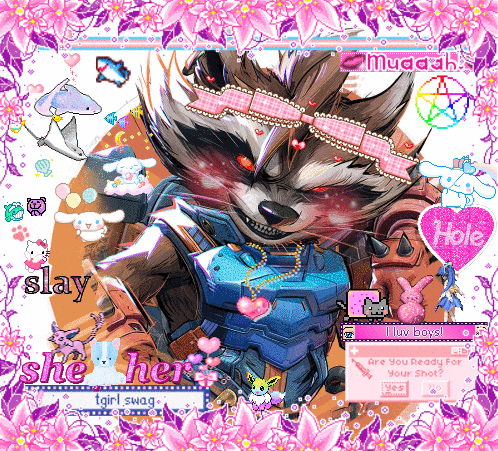 a rocket raccoon is surrounded by pink flowers and a pink heart that says i luv boys