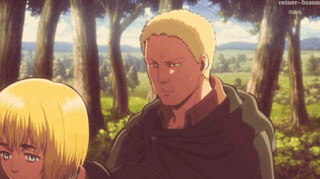 a man and a girl are standing in a forest with reiner-braun written on the bottom right