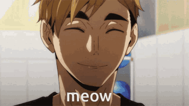 a close up of a person 's face with the word meow written on it