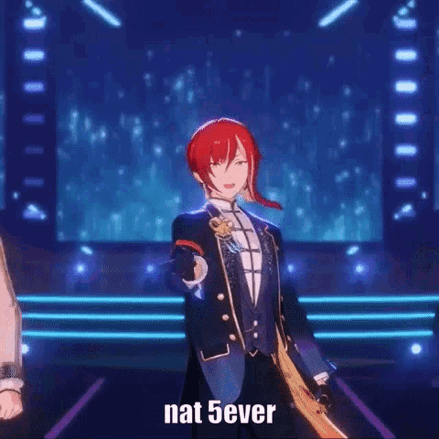 a red haired anime character is dancing on a stage with the words `` nat 5ever '' written on the bottom .