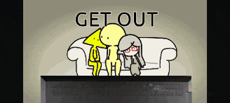 three cartoon characters are sitting on a couch with the word get out above them