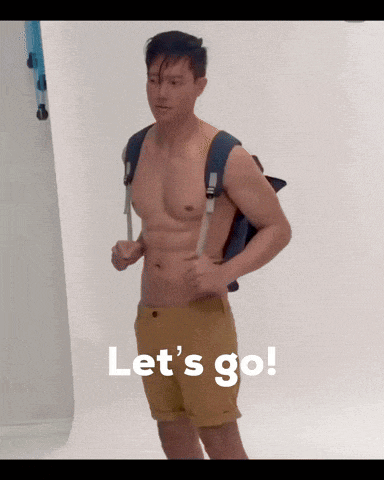 a shirtless man carrying a backpack with the words let 's go written below him
