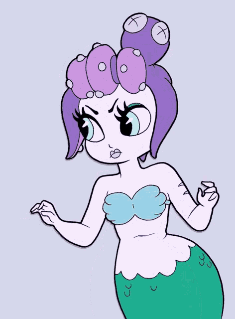 a cartoon drawing of a mermaid with purple hair and a green tail
